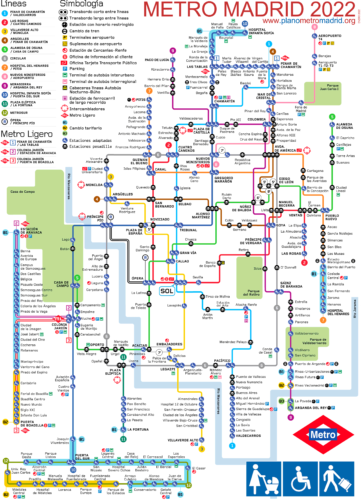 Mappa della metropolitana di Madrid 2022, schematico, per i viaggiatori, portatori di handicap, disabili, valigie, sedie a rotelle, passeggini, carrozzine.