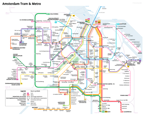 Mapa del metro y tram de Ámsterdam.