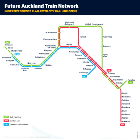 Kaart van de toekomstige City Rail Link-metro van Auckland, Nieuw-Zeeland.
