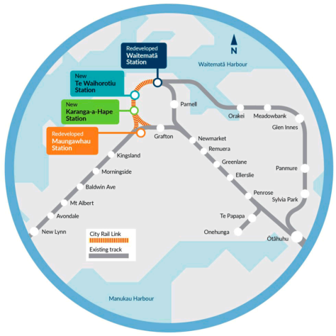 Mapa simplificado del metro City Rail Link de Auckland, Nueva Zelanda.