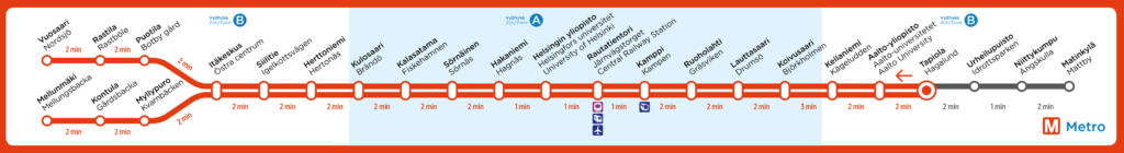 Mapa del metro de Helsinki. Metrokaart van Helsinki.