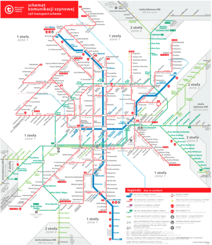 Mapa de la red ferroviaria de Varsovia.