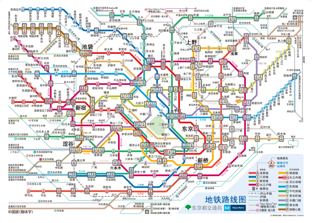 خريطة مترو أنفاق طوكيو باللغة الصينية.