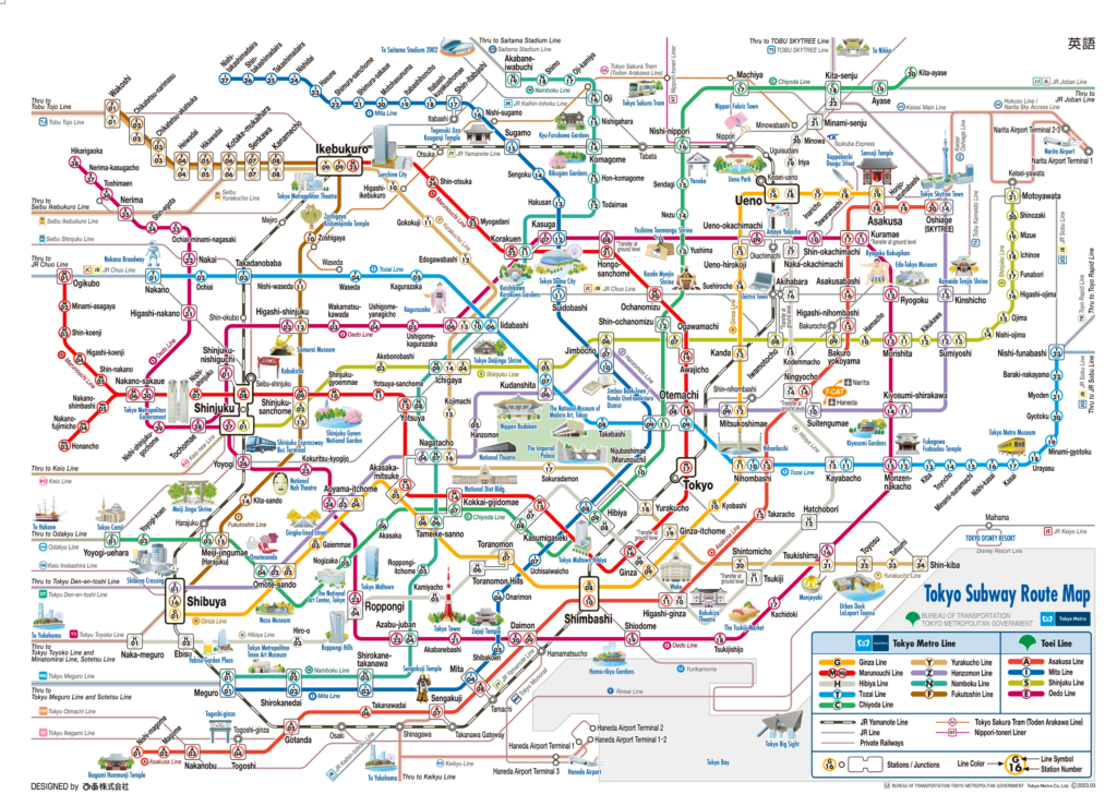 Mapa turístico del metro de Tokio en inglés.