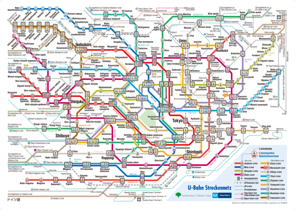 خريطة مترو أنفاق طوكيو باللغة الألمانية.