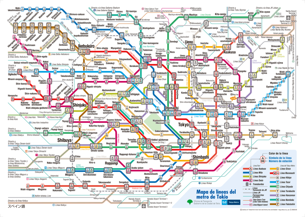 خريطة مترو أنفاق طوكيو باللغة الإسبانية.