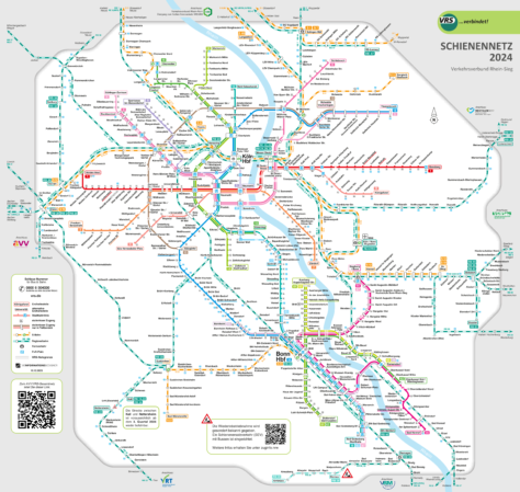 Carte du tramway de Bonn avec d'autres lignes de transport.