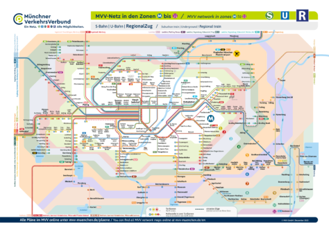 Kaart van de metro en de voorsteden van München, en regionale diensten van 11 Tarief zones.
