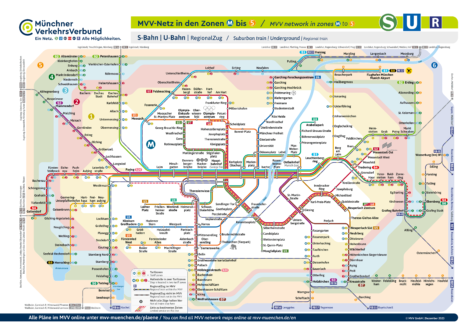 Mapa del metro de Múnich y tren suburbano, y servicios regionales