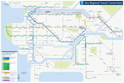 Carte du SkyTrain de Vancouver, avec des lignes de bus, RapidBus, SeaBus et West Coast Express.