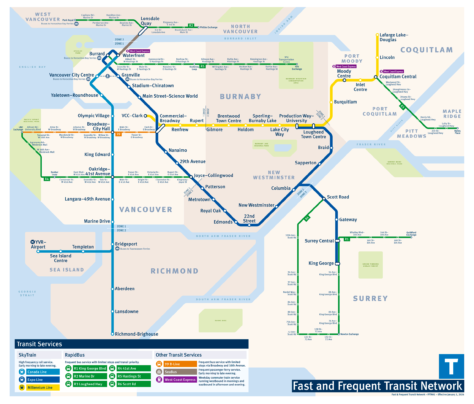 Carte du SkyTrain de Vancouver, avec les lignes RapidBus, SeaBus, Côte Ouest Express.