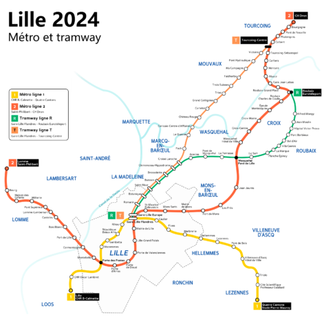 Mapa del metro y tranvía de Lille.